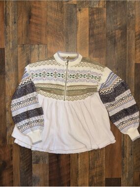 Free People Snow Day White Fair Isle quarter Zip Up Sweater Women's size XS